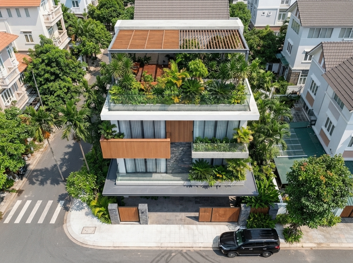 Nhìn từ trên cao — sân thượng rộng có giàn che và khu vực ngồi