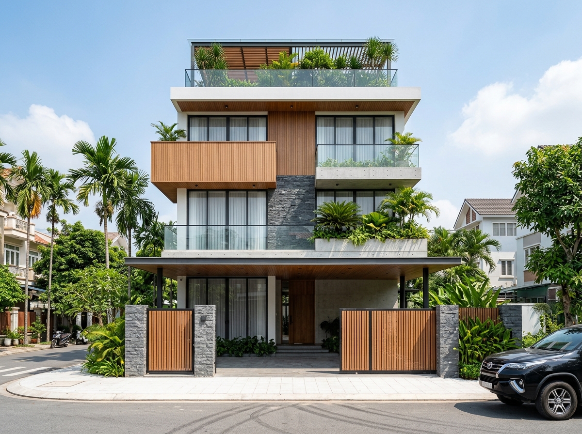Phương án gốc — khối nhà phố góc phối trắng, gỗ và panel xám