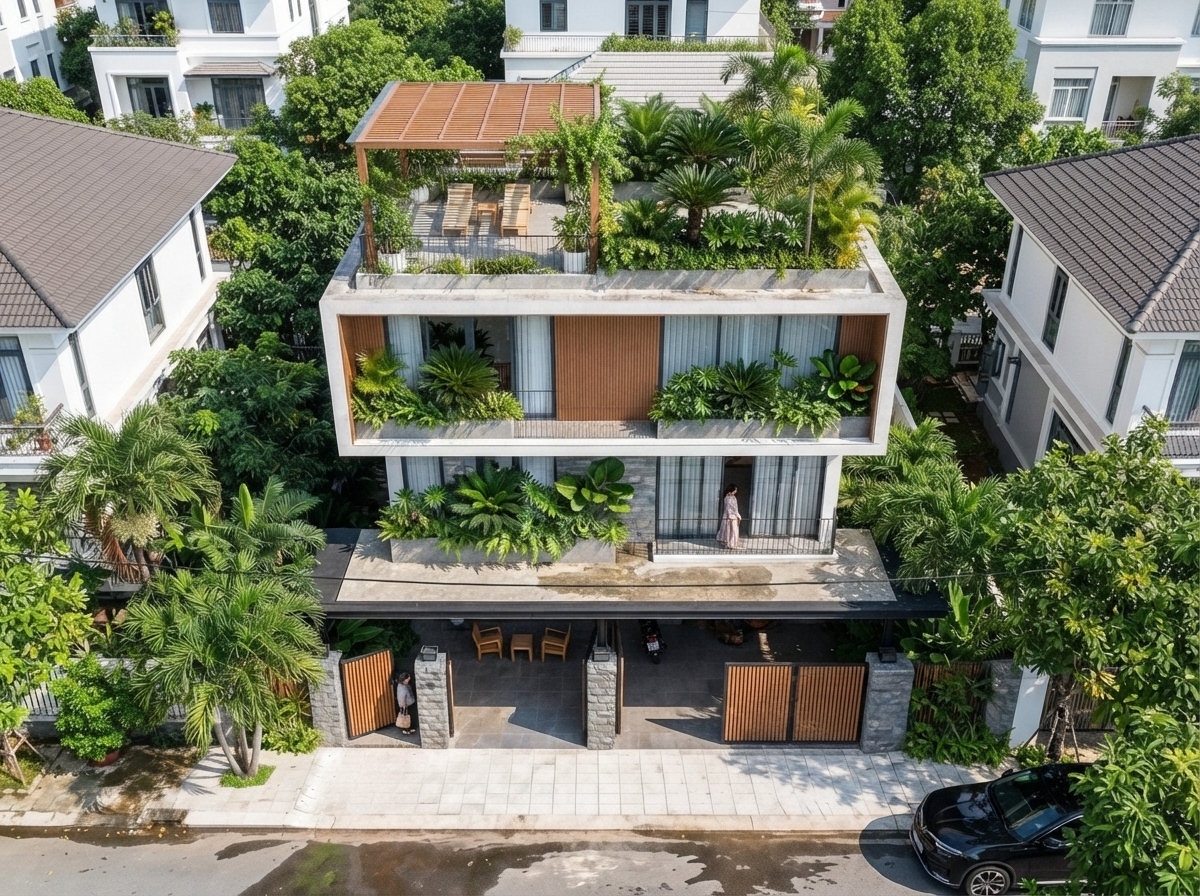 Nhìn từ trên — tổ chức mái và các khoảng thoáng