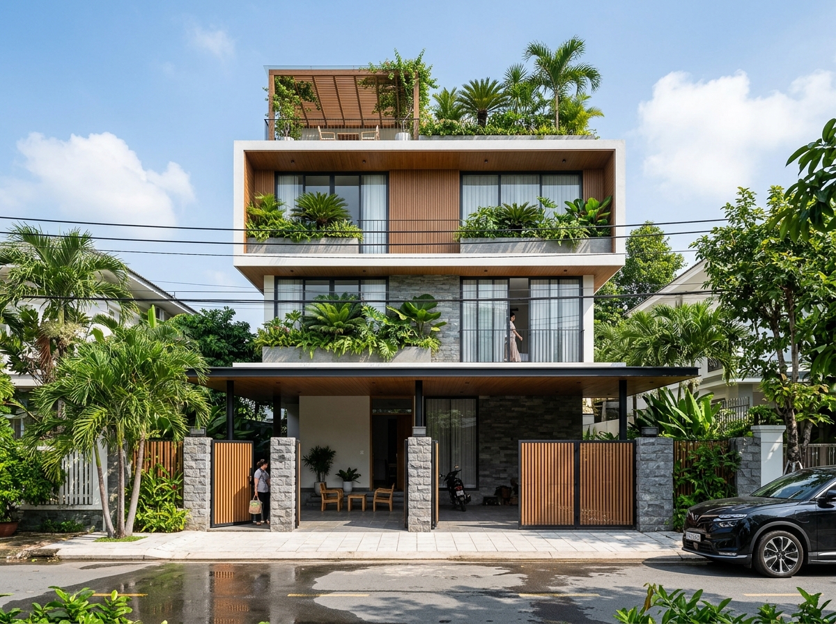 Phương án gốc — khối ngang rộng với tầng trệt mở