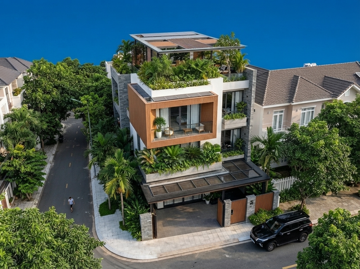 Nhìn từ trên cao — bố cục cây và tầng mái