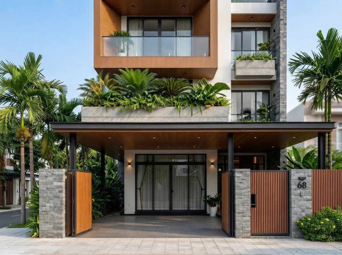 Cận cảnh — mặt gỗ khối đua ra và đá chẻ chân tường