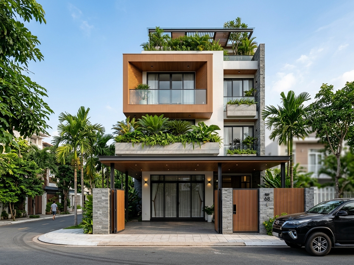 Phương án gốc — khối phòng ốp gỗ đua ra khỏi mặt tiền