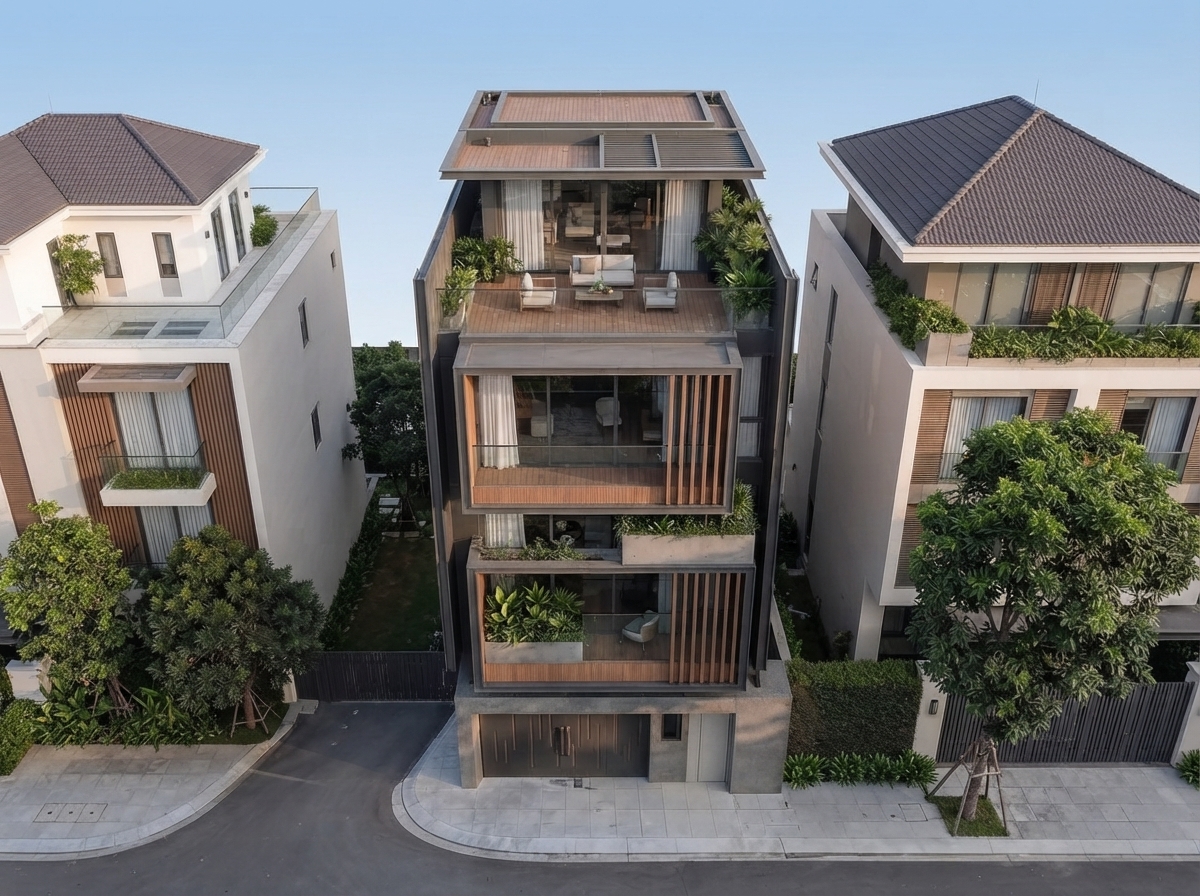 Nhìn từ trên cao — khoảng trống giữa lam và mặt tường