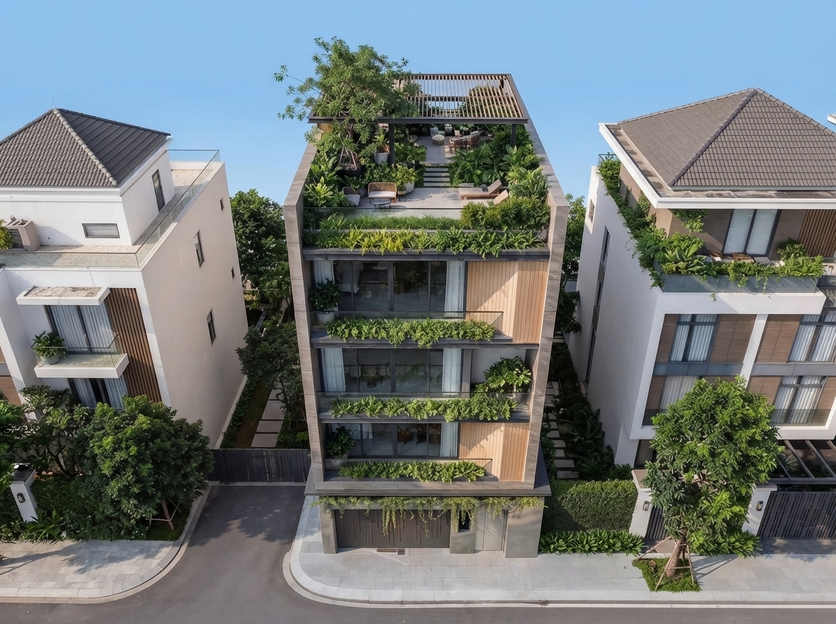 Nhìn từ trên cao — cây rũ buông từ các tầng
