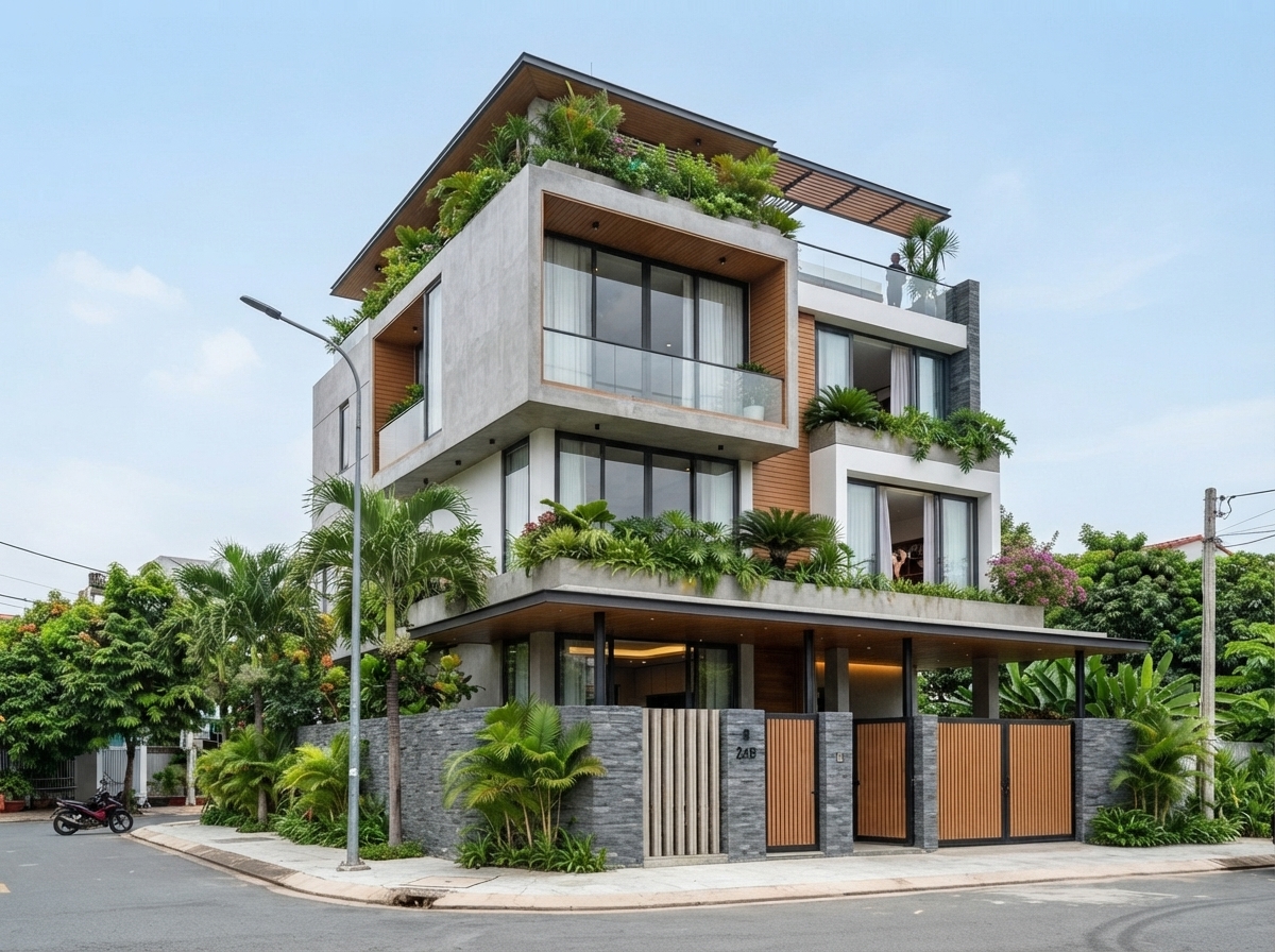 Góc 3/4 từ phía trái — các lớp bồn cây xếp tầng đọc rõ