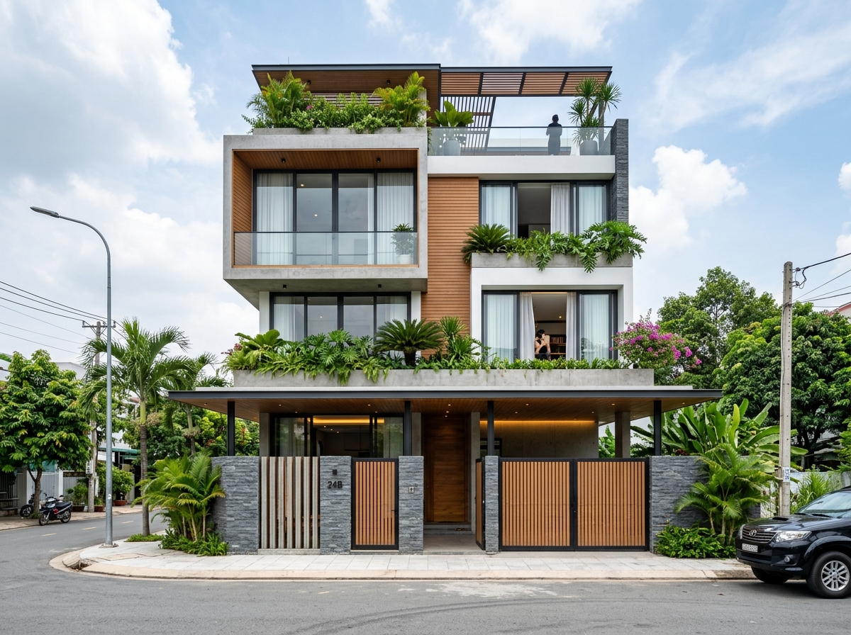 Phương án gốc — mặt tiền tổ chức thành các lớp bồn cây xếp tầng