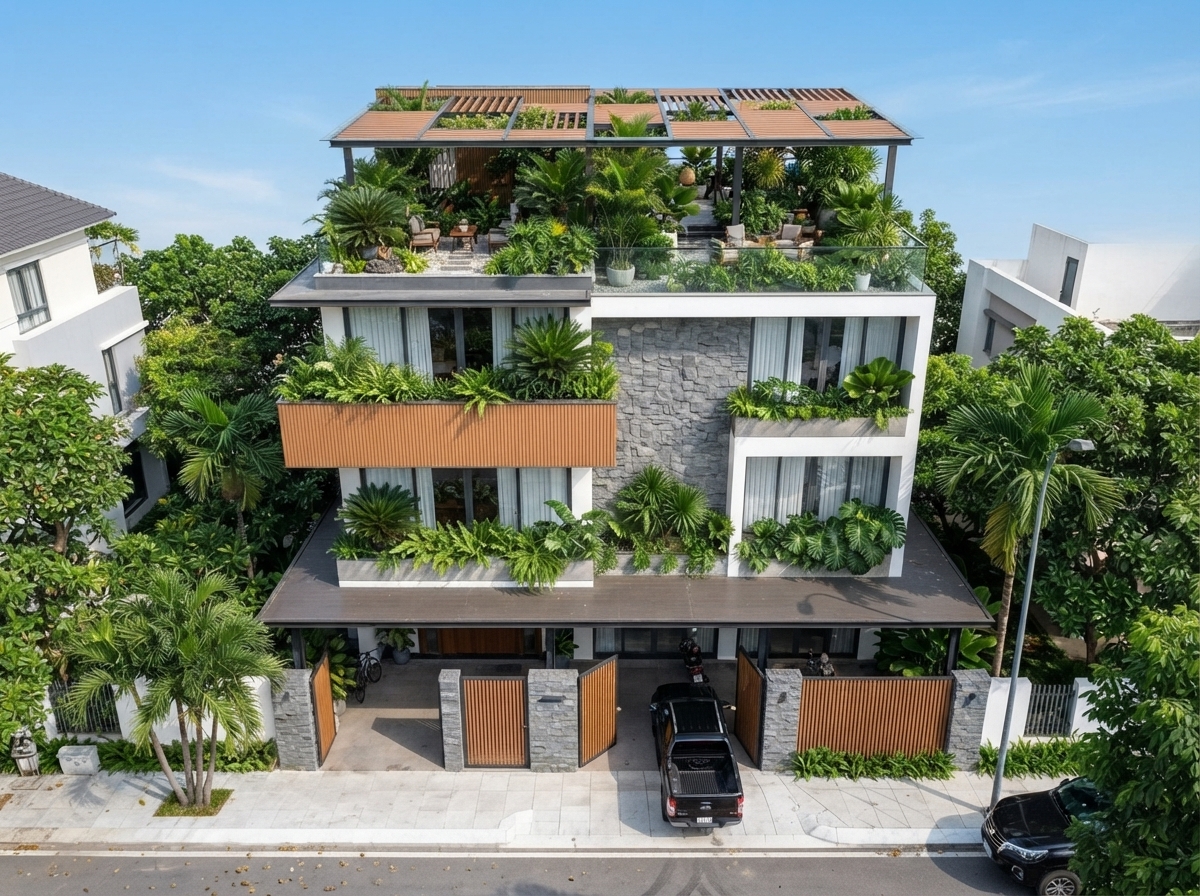 Nhìn từ trên cao — hệ bồn cây phủ khắp các tầng