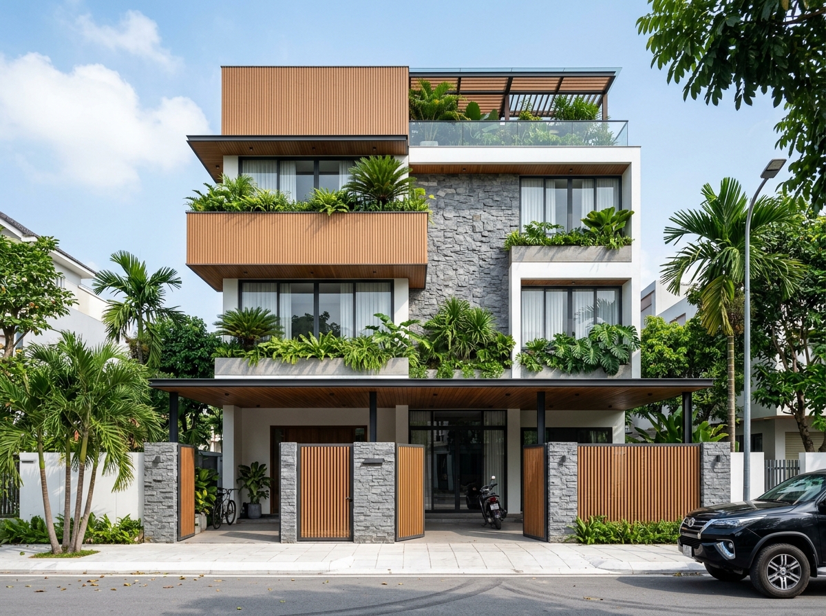Phương án gốc — mặt tiền ốp đá tự nhiên diện lớn