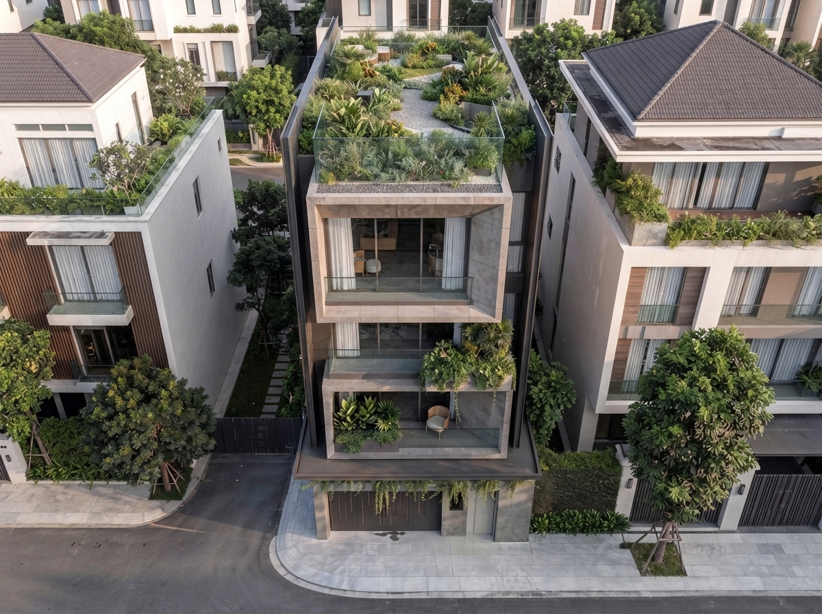 Nhìn từ trên cao — cây rũ trên các mép ban công