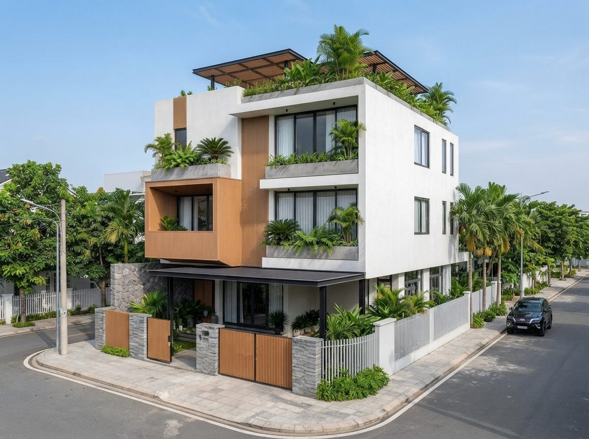 Góc 3/4 từ phía phải — chuyển tiếp giữa hai tông trên các khối