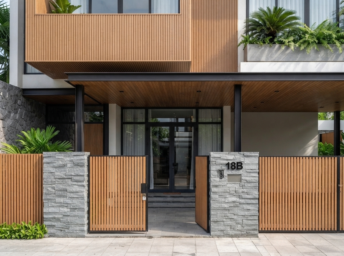 Cận cảnh — đường giao giữa mảng sơn và tấm ốp gỗ