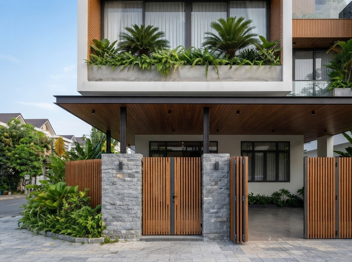 Cận cảnh — hốc kính và khung nhôm tối màu