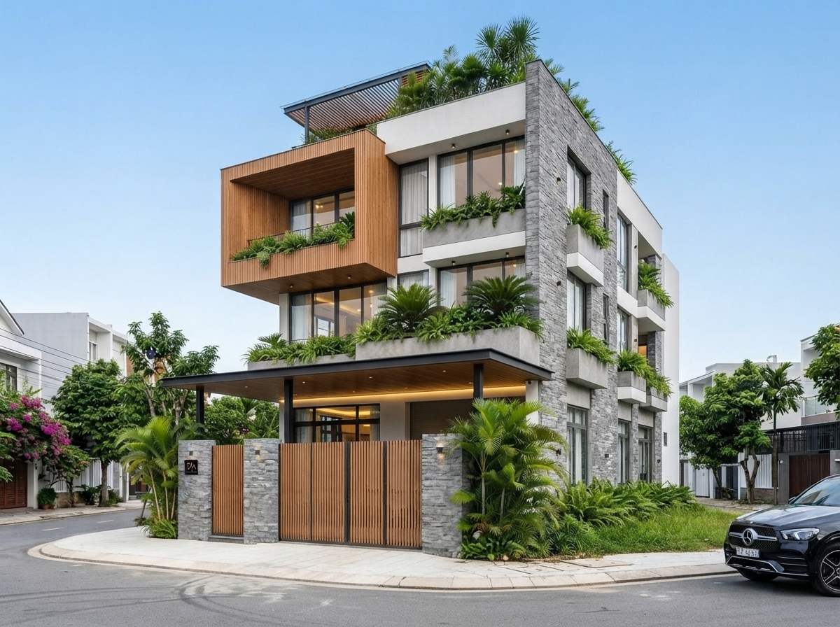 Góc 3/4 từ phía phải — lối xe mở ra tuyến đường phụ