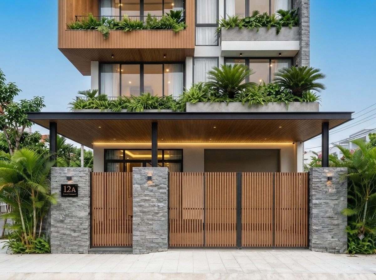 Cận cảnh — cổng gỗ và phần chuyển tiếp giữa lối xe với sảnh