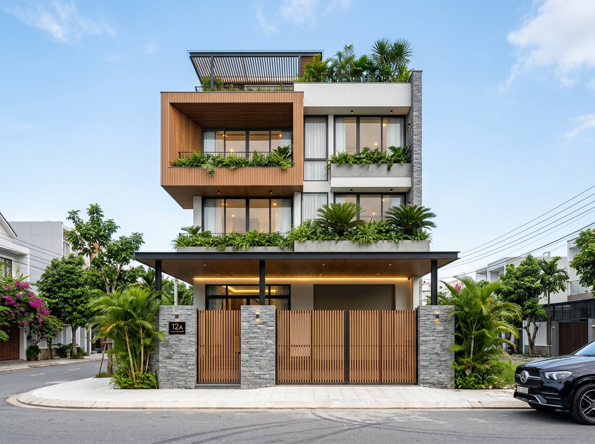 Phương án gốc — khối gỗ lớn phía trên và gara mở ở tầng trệt