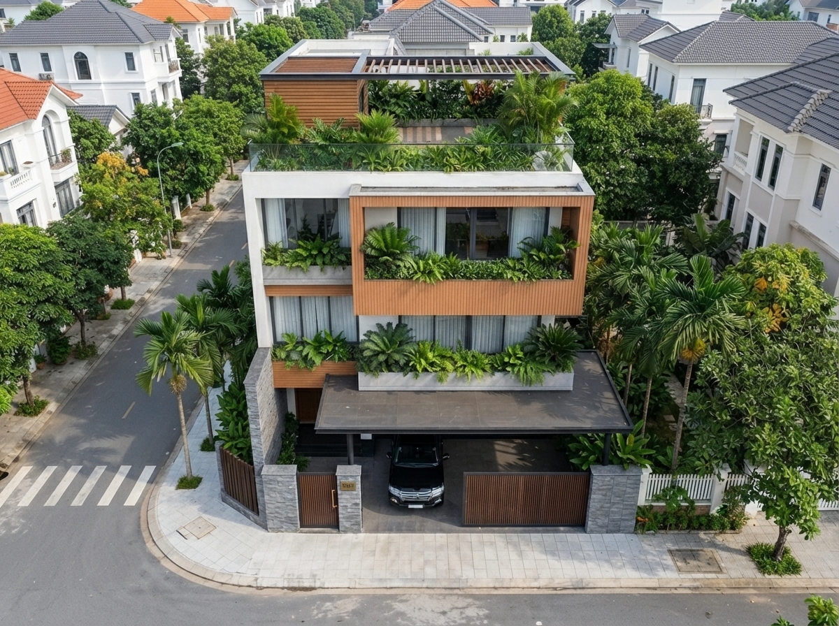 Nhìn từ trên cao — hiên, sân và ranh giới lô đất