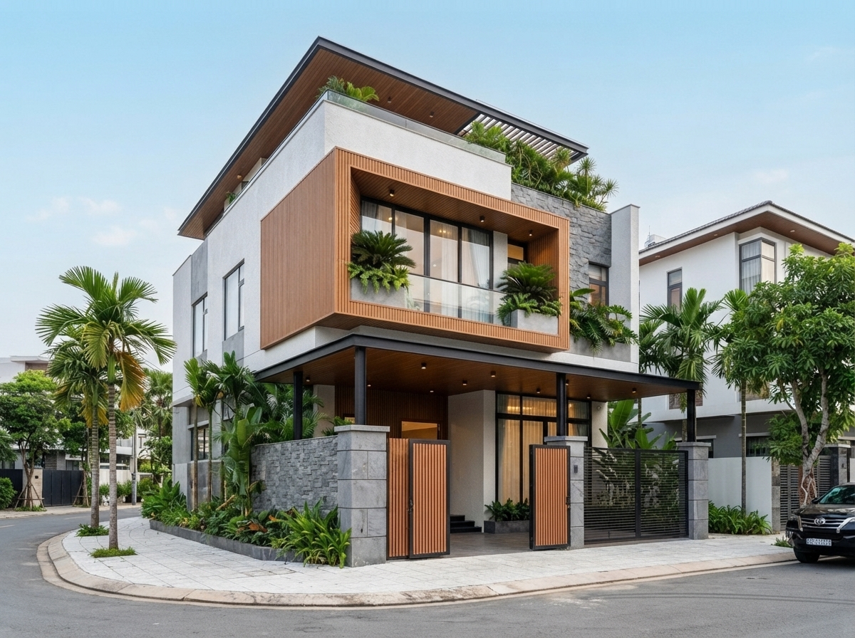 Biệt thự góc cổng gỗ hai cánh — mẫu thiết kế cổng và tường rào đồng bộ mặt tiền