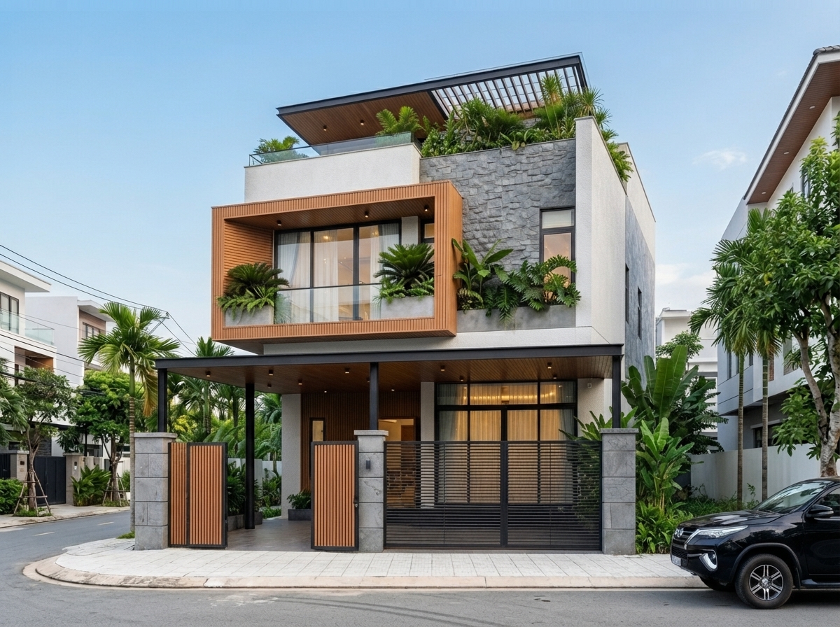 Góc 3/4 từ phía phải — tuyến tường rào đá chạy dọc ranh đất