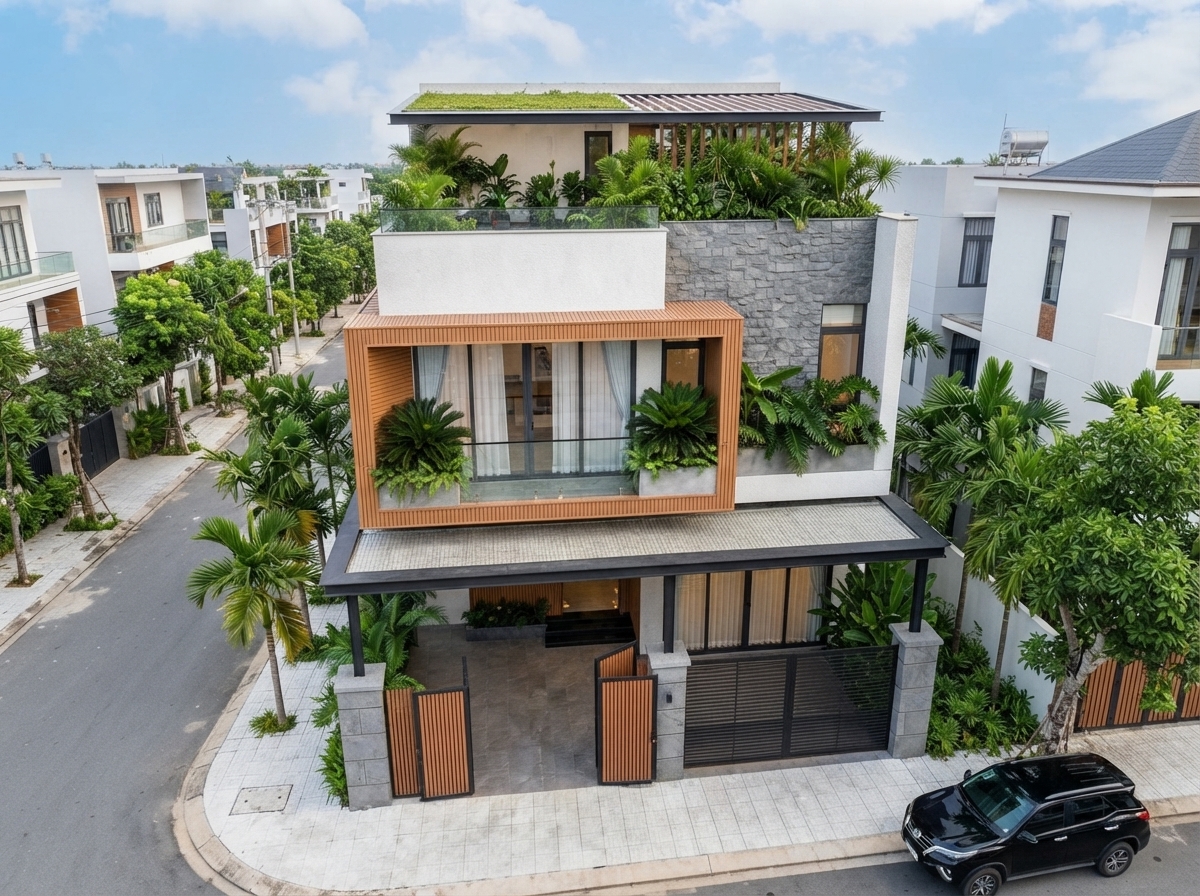 Nhìn từ trên cao — quan hệ giữa cổng, sân và sảnh chính