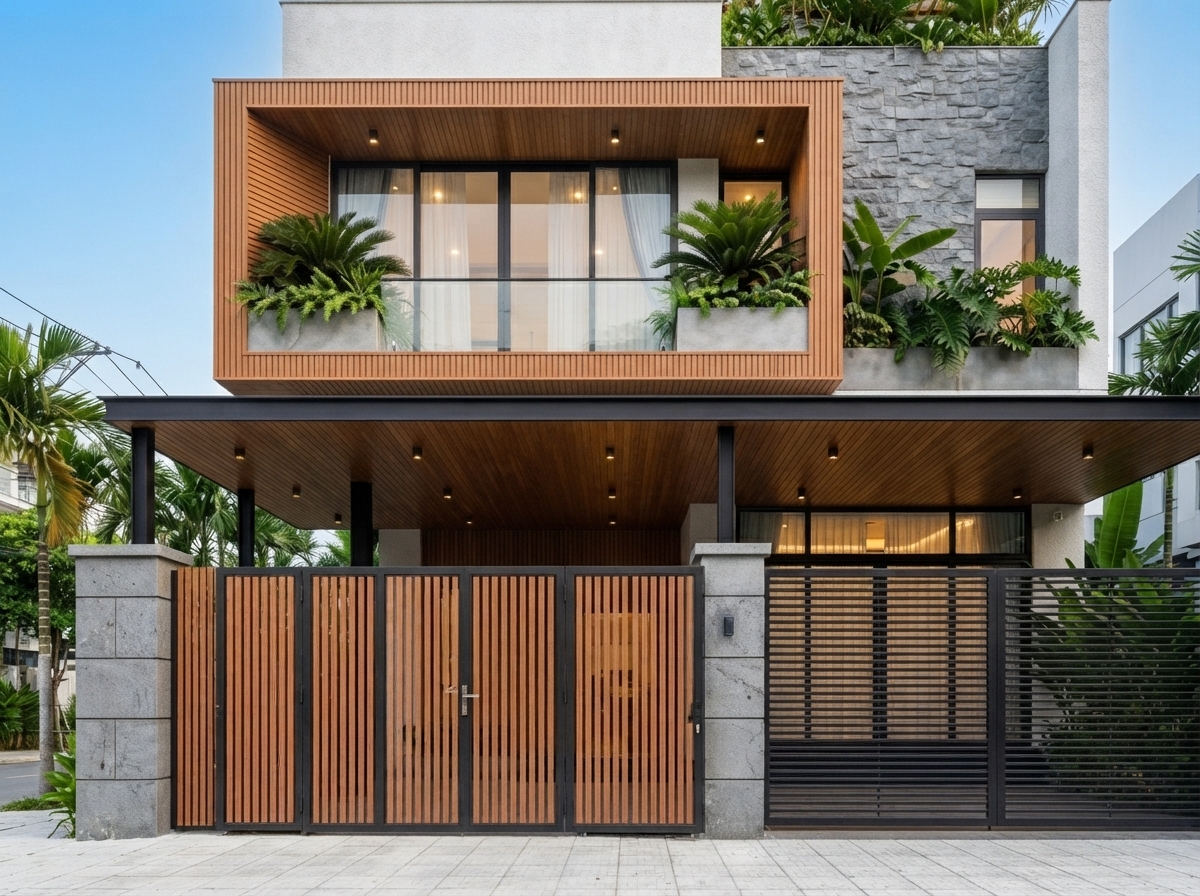 Cận cảnh — nan gỗ đứng và khe hở đều giữa các thanh