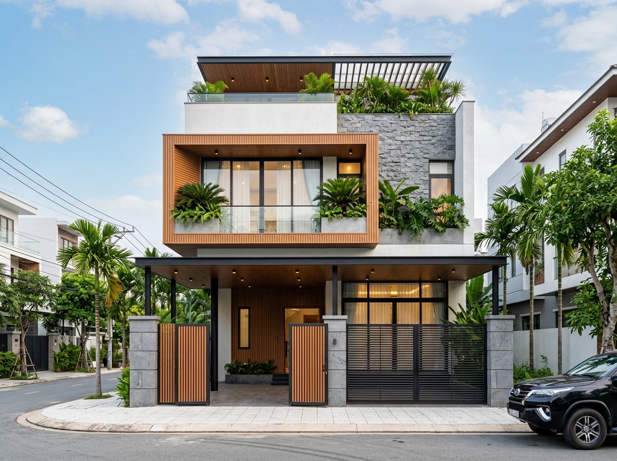 Phương án gốc — cổng gỗ hai cánh khổ rộng và tường rào đá