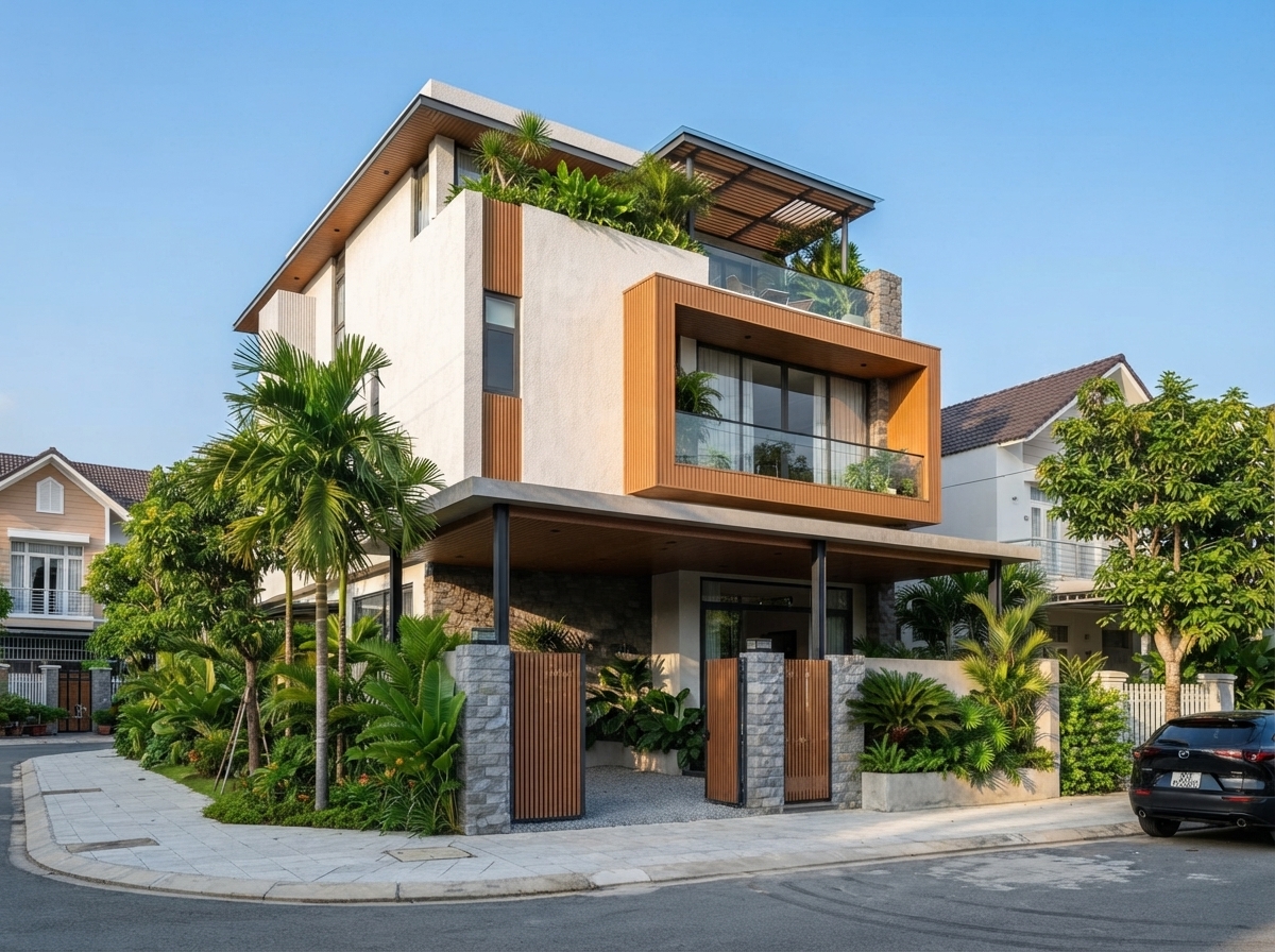 Biệt thự góc đối lập chất cảm vật liệu — mẫu thiết kế phối gỗ, đá và bê tông