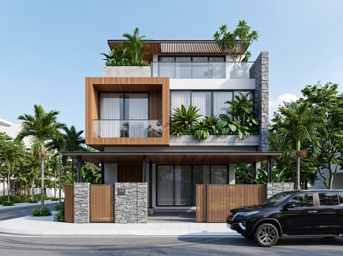 Góc 3/4 từ phía phải — quan hệ giữa khối lệch và mảng đá
