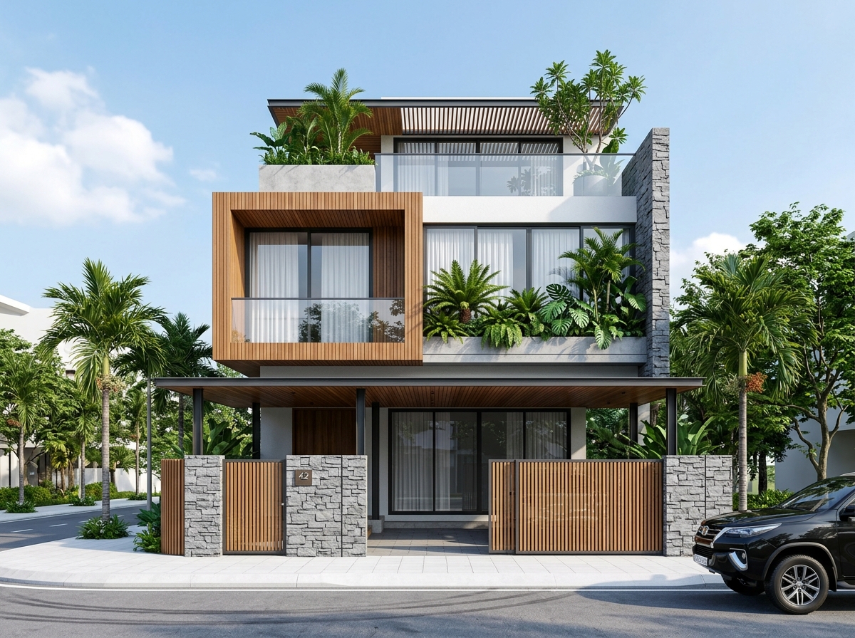 Phương án gốc — khối gỗ nhô đặt lệch khỏi trục giữa
