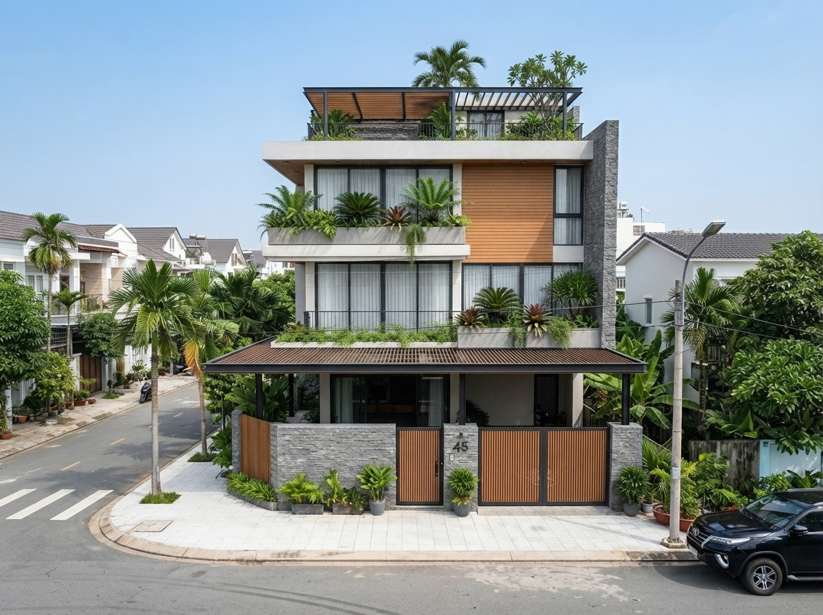 Nhìn từ trên cao — ban công các tầng và giàn pergola trên mái