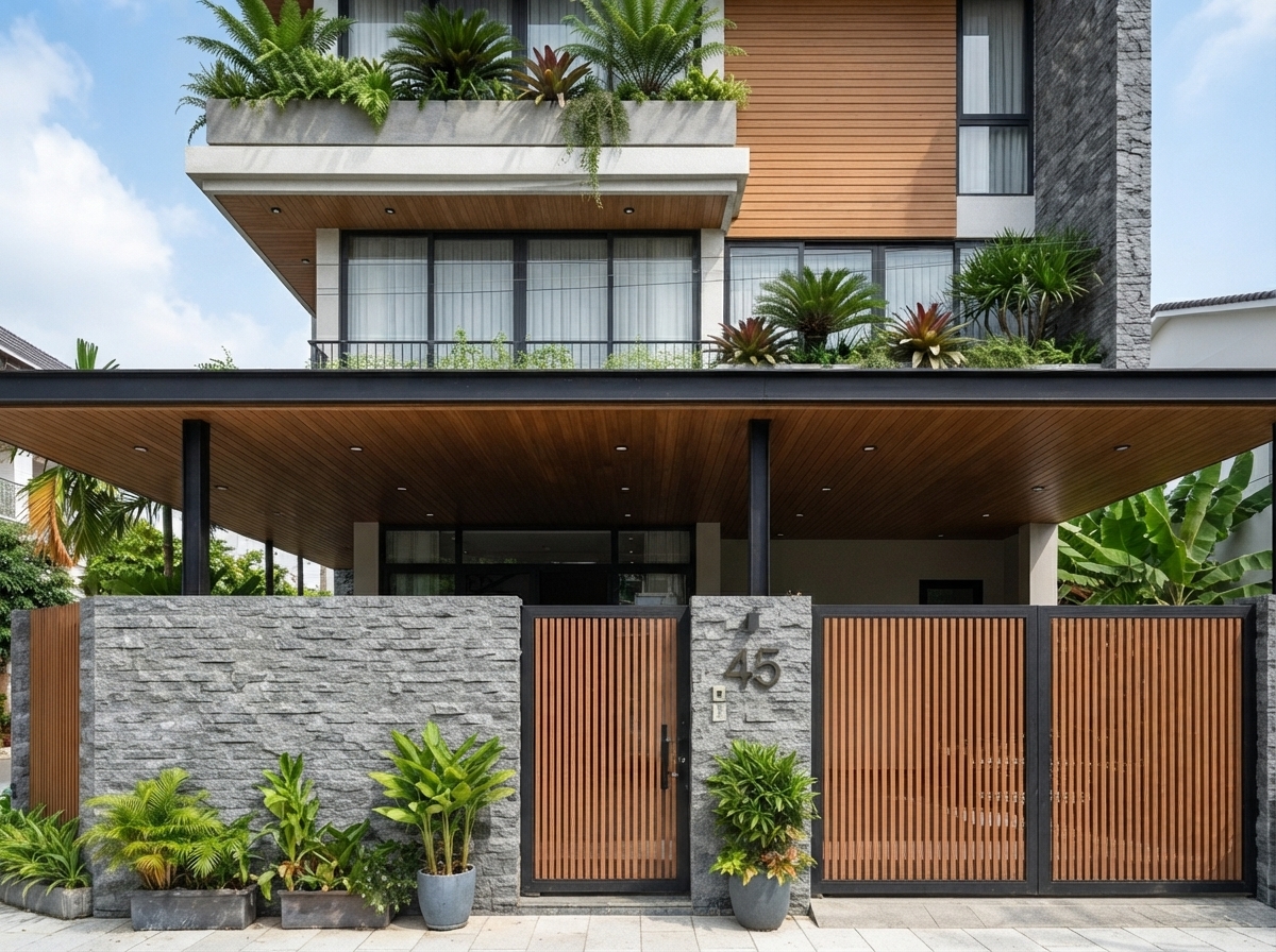 Cận cảnh — cổng lam gỗ dọc và trụ đá chẻ