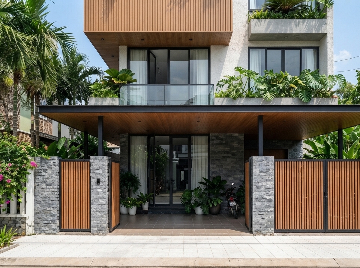 Cận cảnh — mép dưới khối gỗ và gờ chống nước chảy ngược