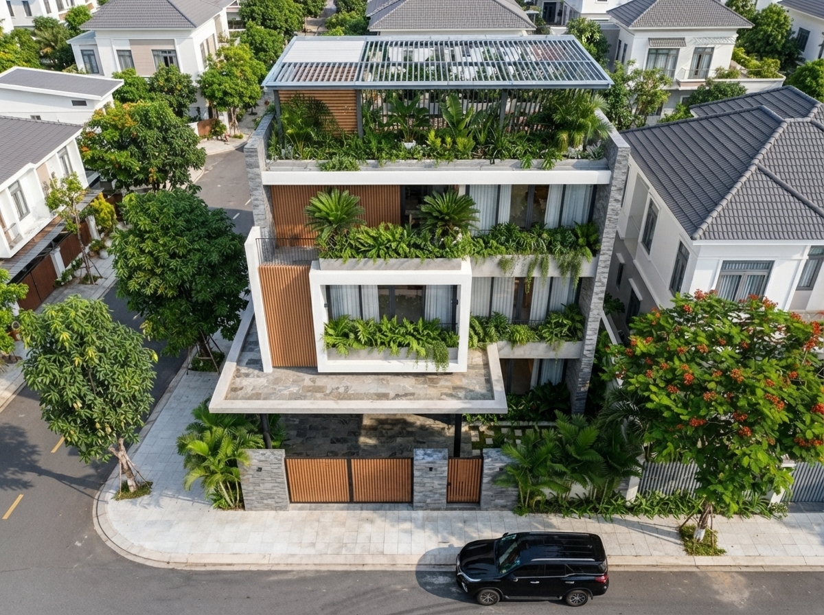 Nhìn từ trên cao — bố cục ban công và tầng mái