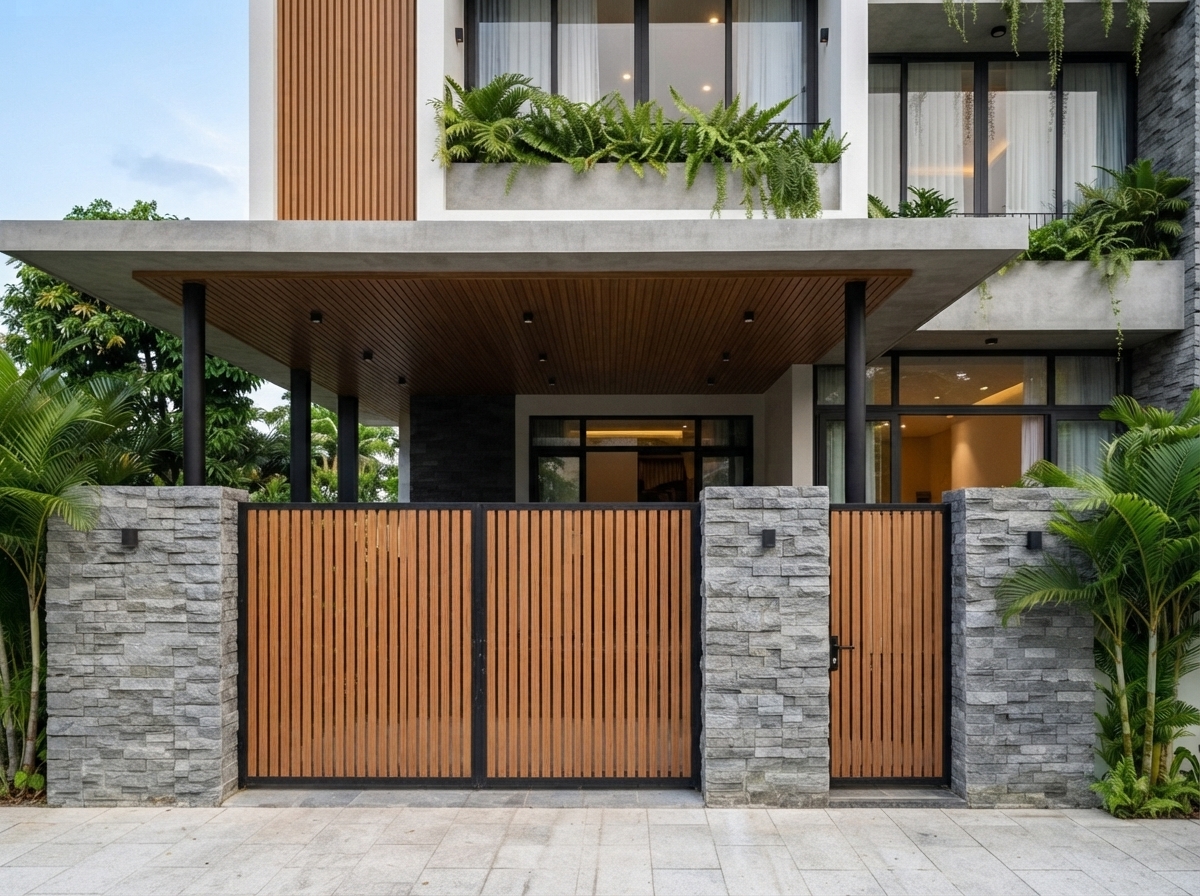 Cận cảnh — cổng gỗ và trụ đá chẻ tại lối vào