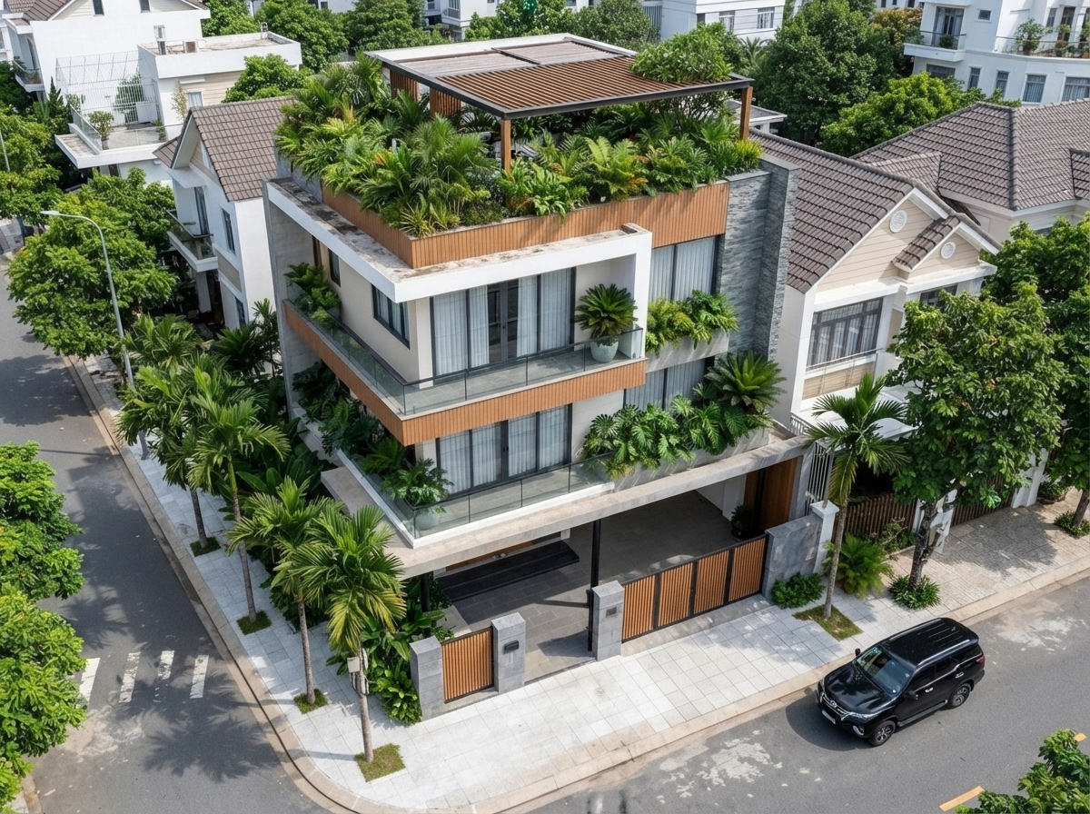 Nhìn từ trên cao — vị trí các bồn cây trên mặt hông