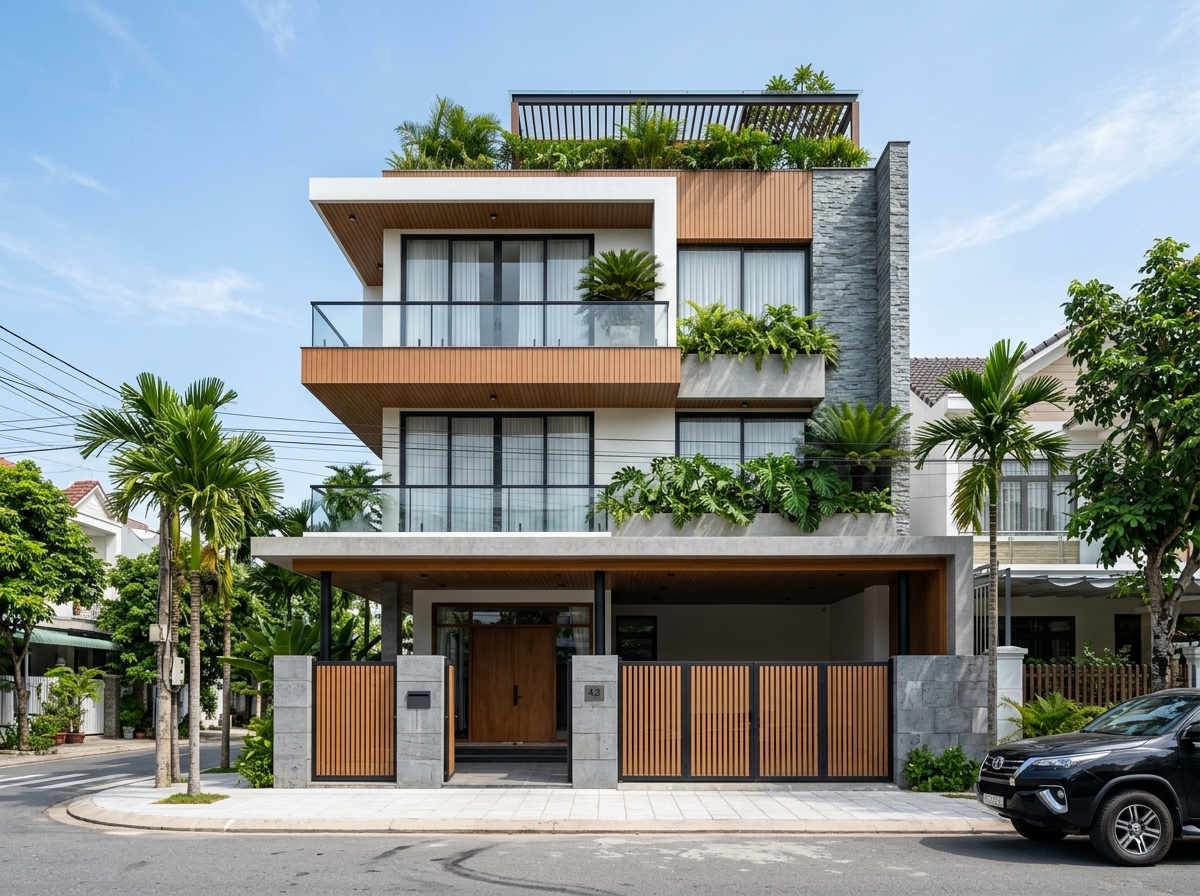 Phương án gốc — mảng đá tự nhiên phủ mặt hông dài
