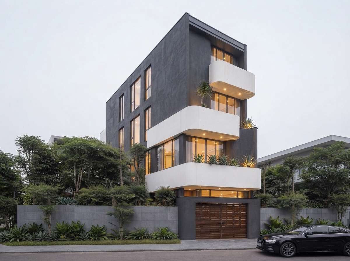 Góc nhìn từ ngã ba với ba khối ban công lệch trục