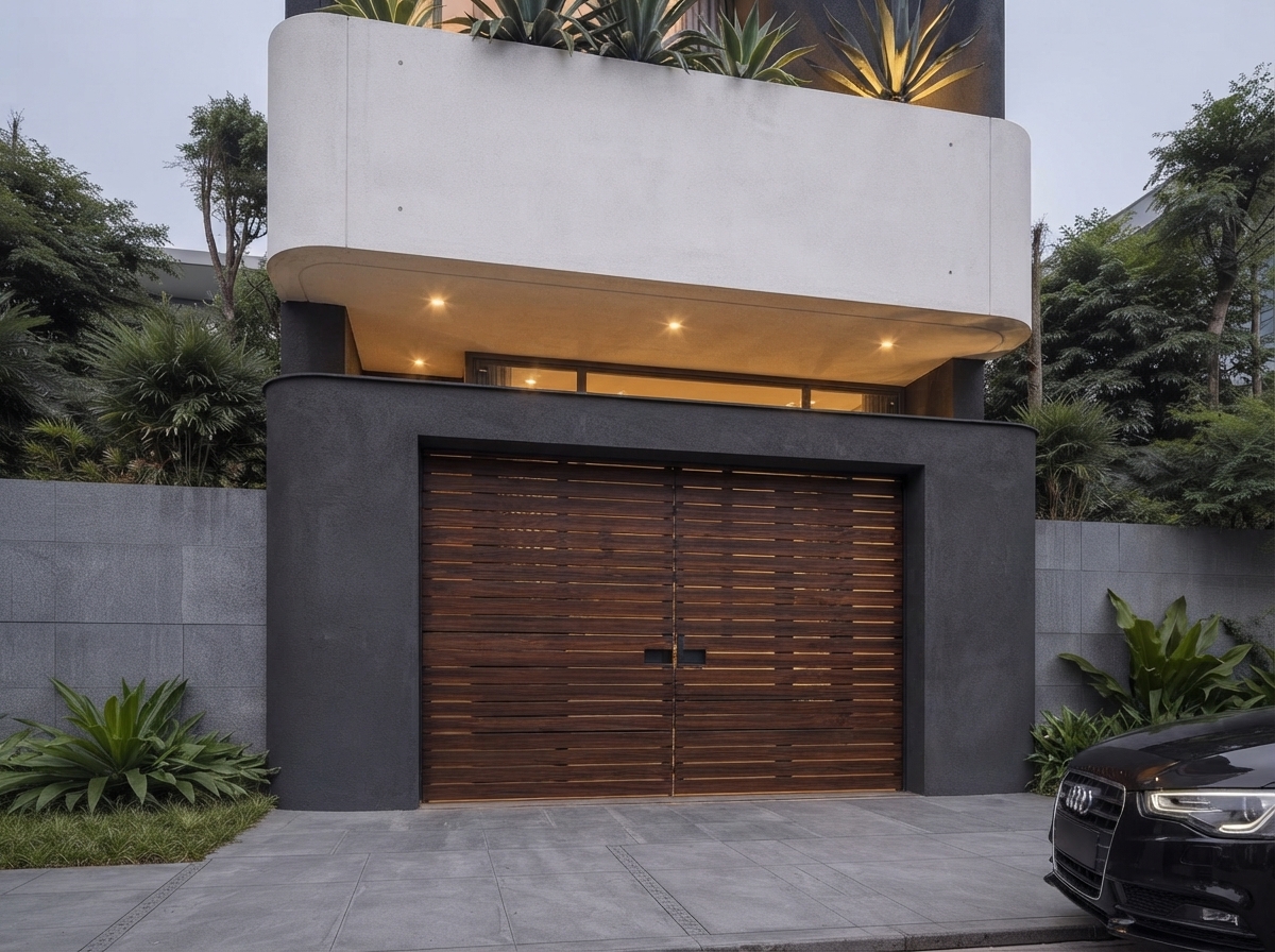 Chi tiết khối ban công và cửa garage gỗ ở tầm nhìn gần