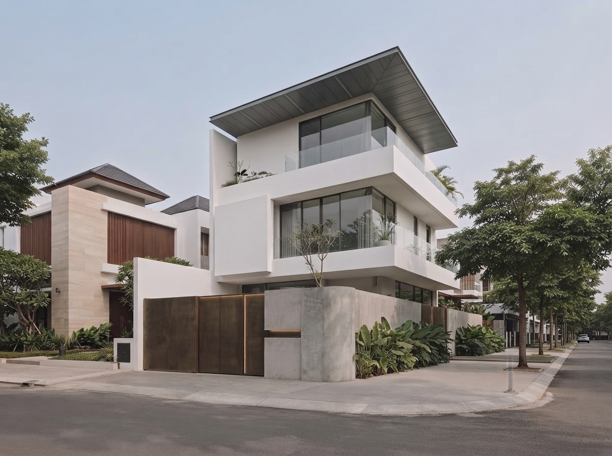 Góc nhìn từ tuyến đường bên với hệ mái đua mỏng