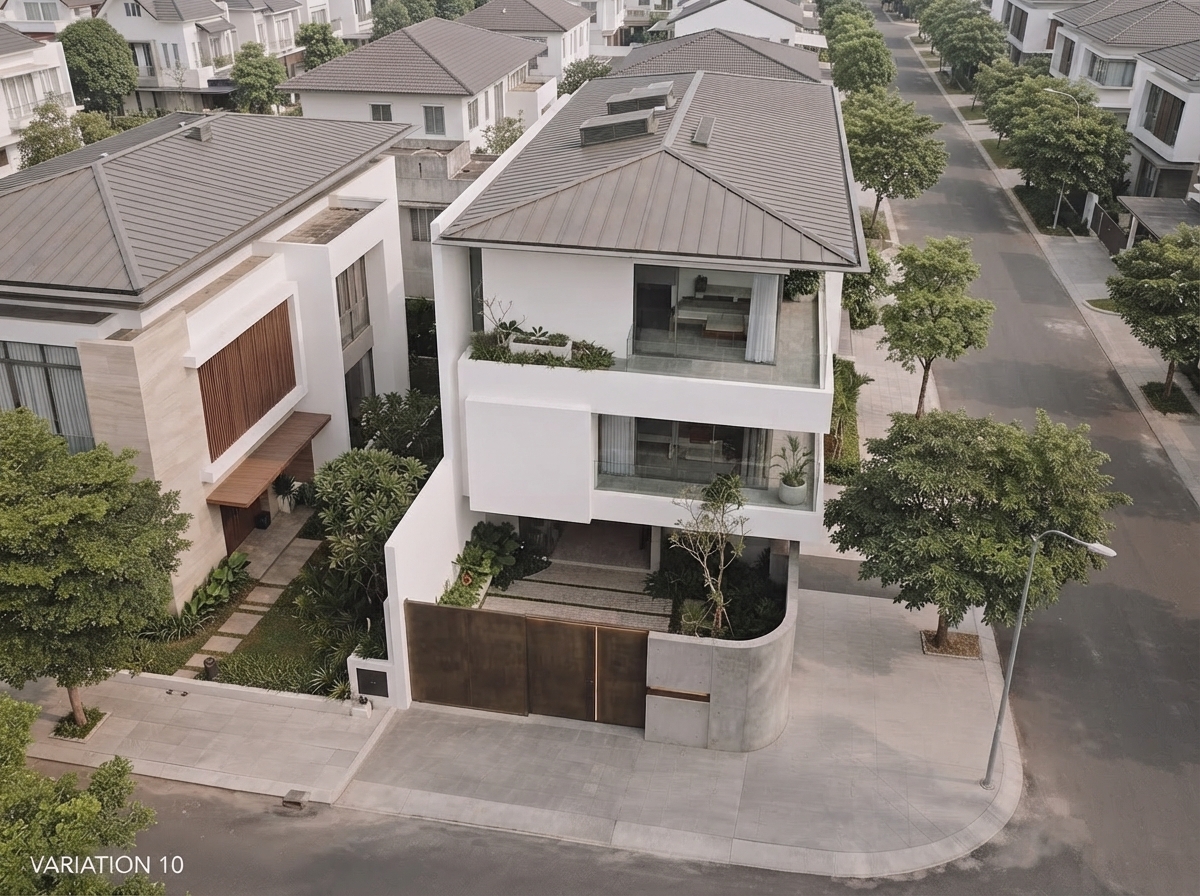 Phối cảnh trên cao cho thấy tổ chức khối và sân trước