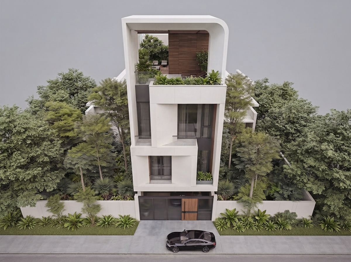 Phối cảnh cho thấy quan hệ giữa công trình và cây xanh xung quanh