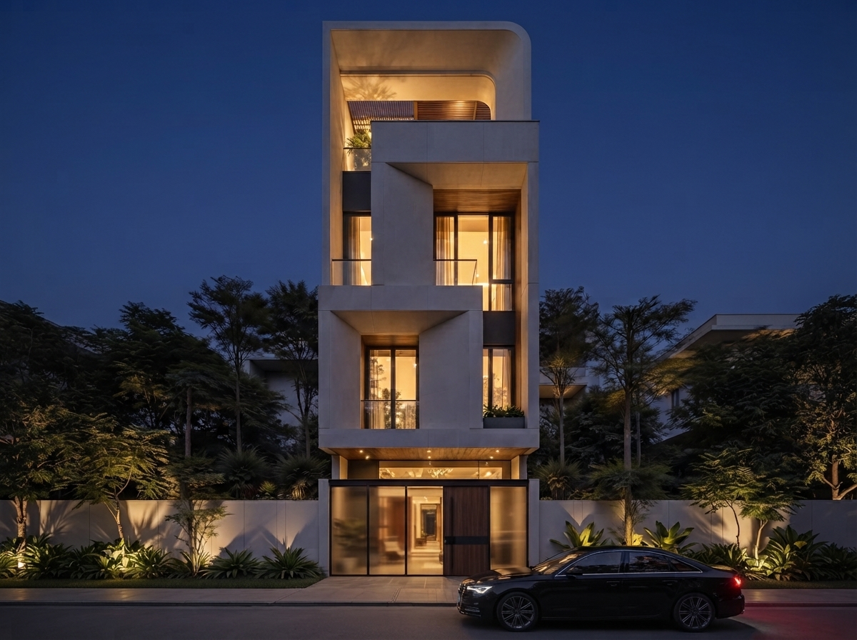 Hiệu quả ánh sáng buổi tối trên khối đỉnh bo cong