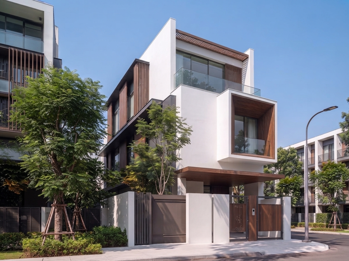 Góc 3/4 từ phía trái — độ nhô của khối gỗ
