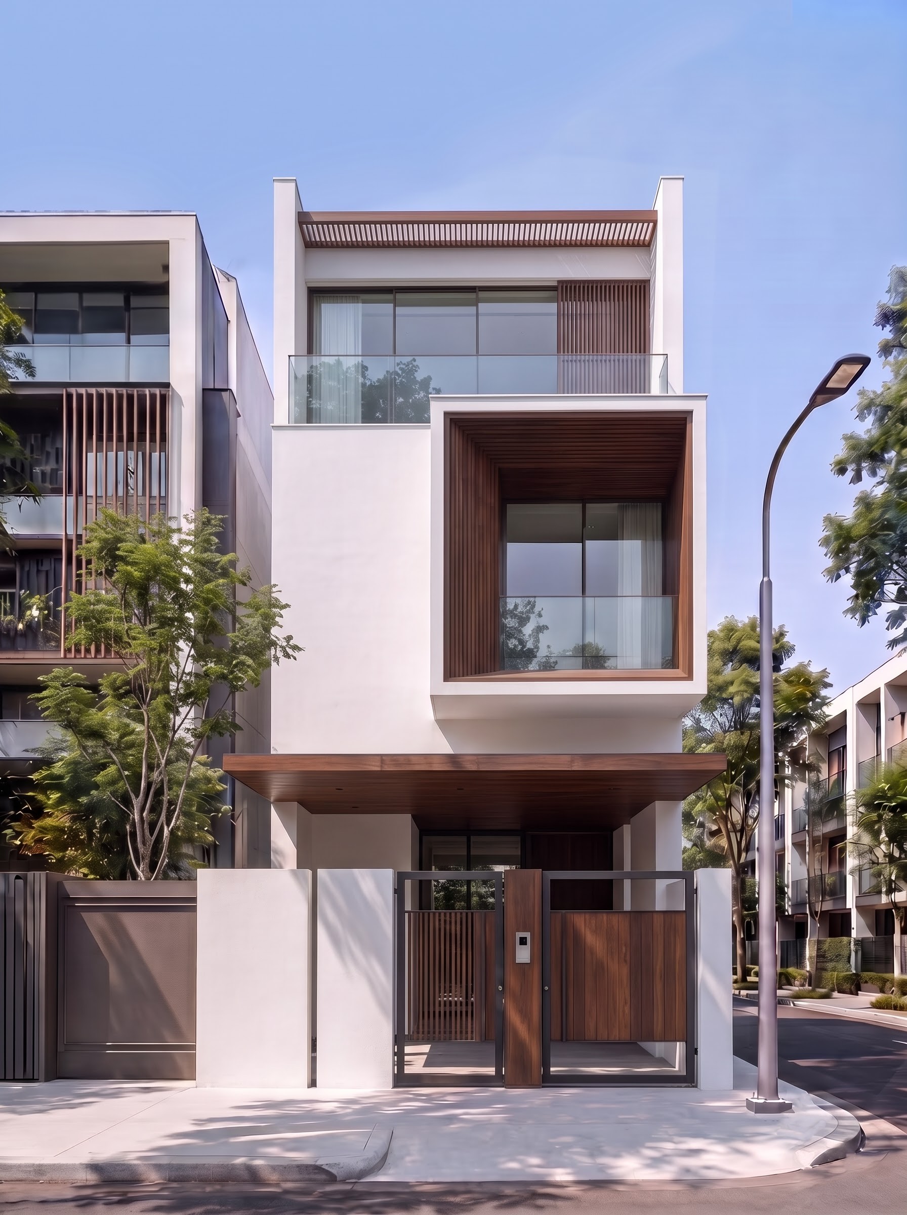 Phương án gốc — khối gỗ lớn nhô ra ở tầng hai