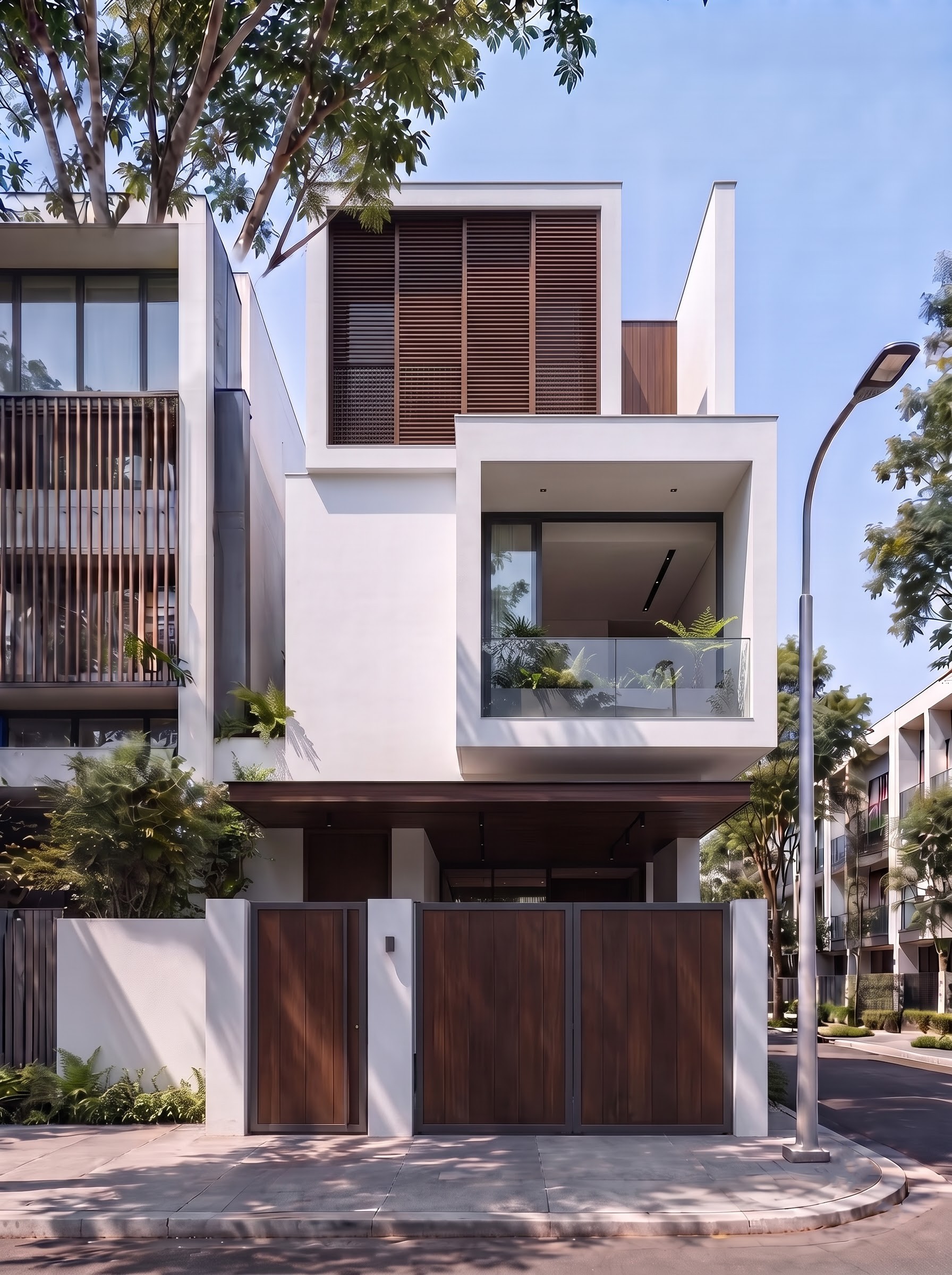 Phương án gốc — khối trắng bo mềm và lam gỗ trên tầng mái