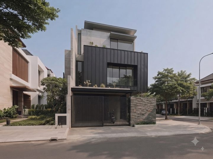 Khối kim loại đen ghép mạch đứng đặt trên chân đế đá chẻ