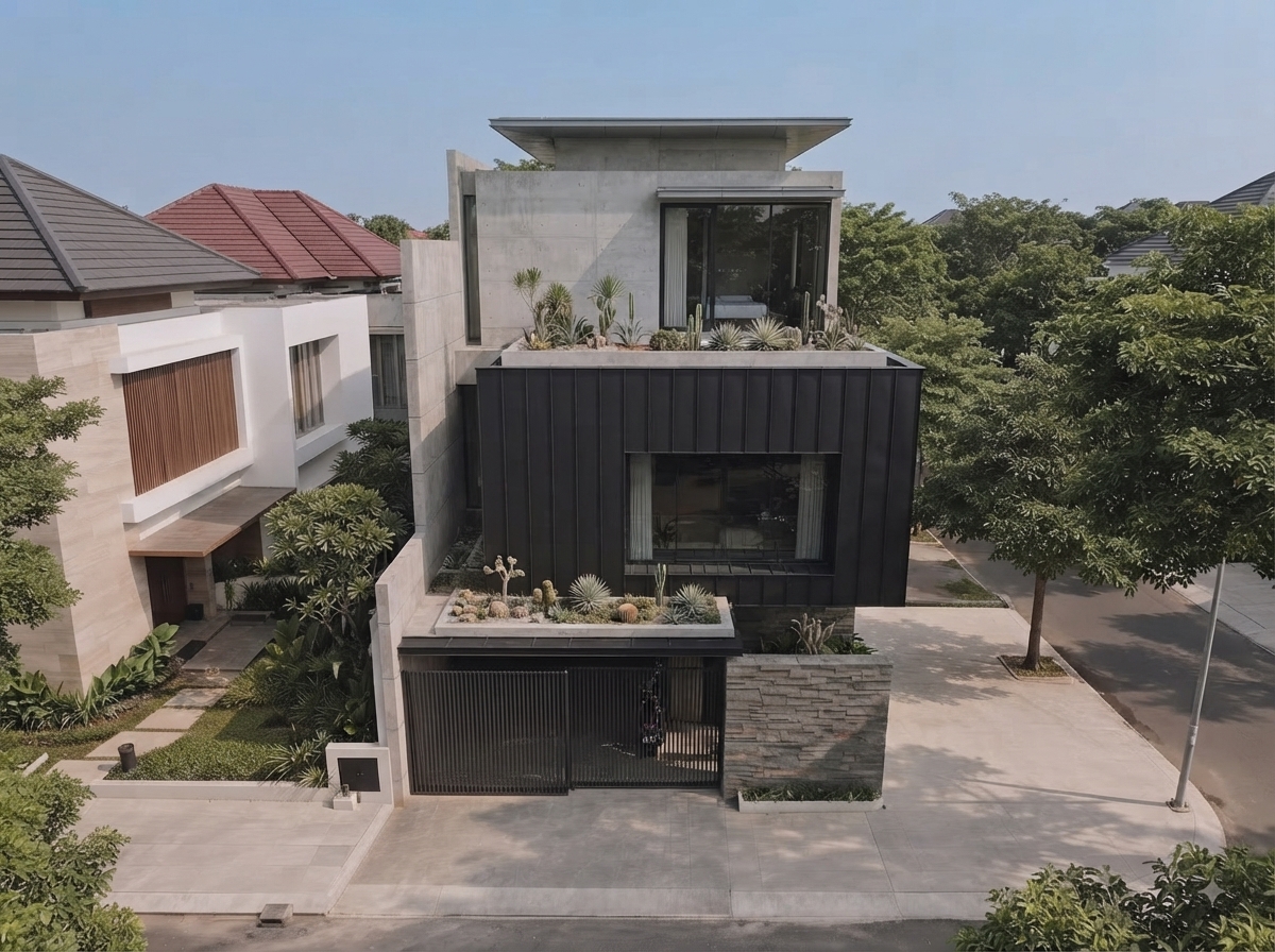 Phối cảnh trên cao cho thấy sân thượng và tổ chức khối