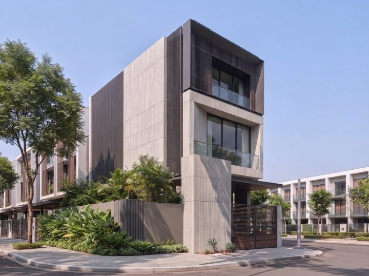 Góc 3/4 từ phía trái — nhịp lam ngang nhìn nghiêng