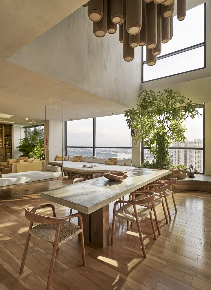 nội thất phong cách wabi sabi phòng khách liên thông khu vực ăn uống