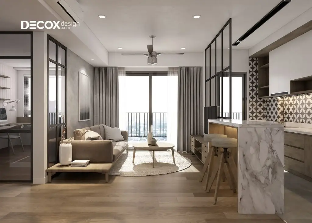 thiết kế nội thất phòng khách chung cư sử dụng đồ gỗ